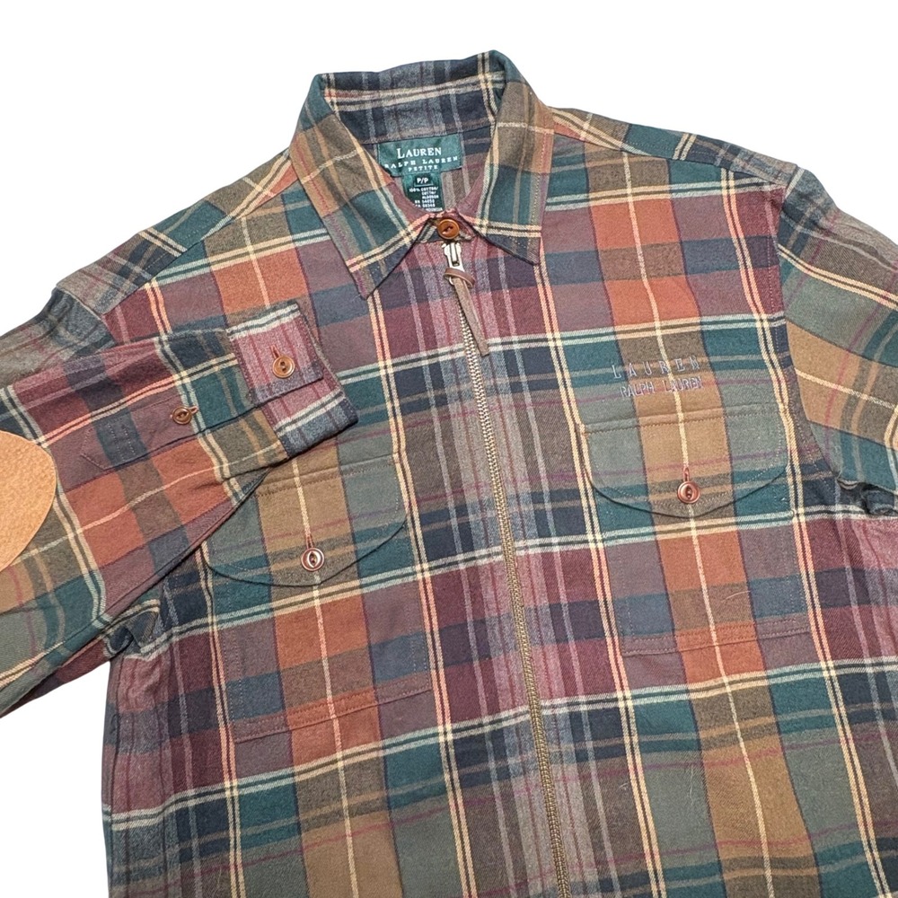 Lauren Ralph Lauren Petite Plaid Flannel Zip Shirt Jacket Elbow Patches Shacket